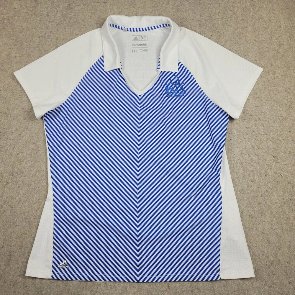 Quail Hollow Adidas Climalite Golf Polo Shirt Womens Medium Blue‎ White Striped